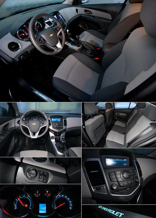 Тканевая обивка передней панели, пороги с кичевой подсветкой надписи "Chevrolet", скульптурные формы центральной консоли - "Круз" встречает потенциального покупателя во всеоружии